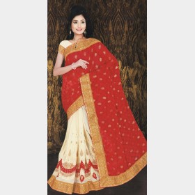 Cute’s Silk Georgette party Sharee with all over Rhine stone and golden metallic embroidery